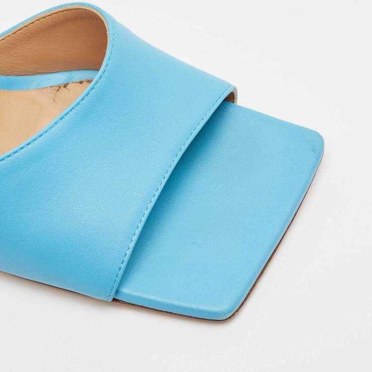 Pre Owned Bottega Veneta Blue Leather Stretch Slide Sandals Size 39