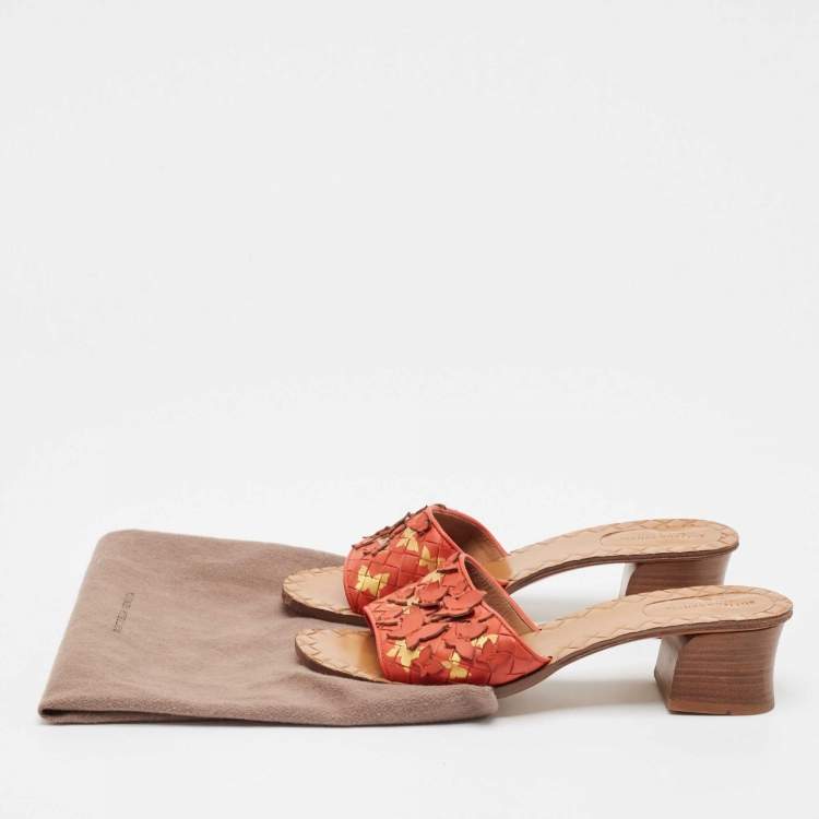 Pre Owned Bottega Veneta Orange Intrecciato Leather Butterfly Applique Ravello Sandals Size 38 