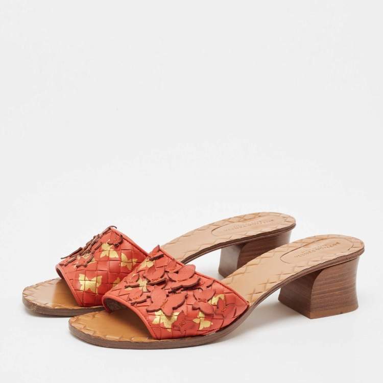 Pre Owned Bottega Veneta Orange Intrecciato Leather Butterfly Applique Ravello Sandals Size 38 
