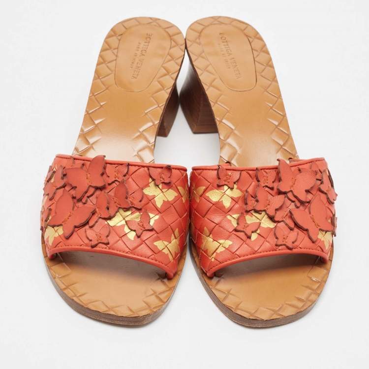 Pre Owned Bottega Veneta Orange Intrecciato Leather Butterfly Applique Ravello Sandals Size 38 
