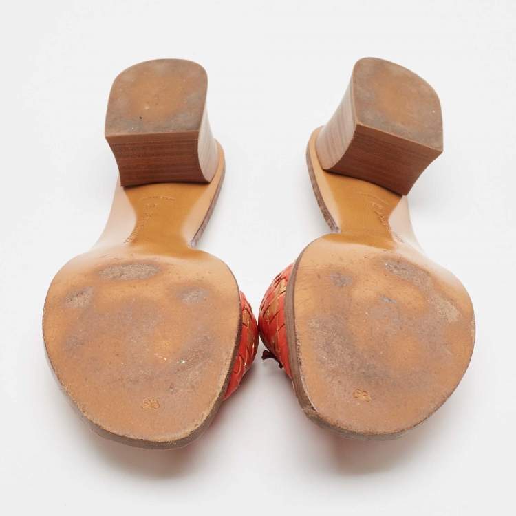 Pre Owned Bottega Veneta Orange Intrecciato Leather Butterfly Applique Ravello Sandals Size 38 