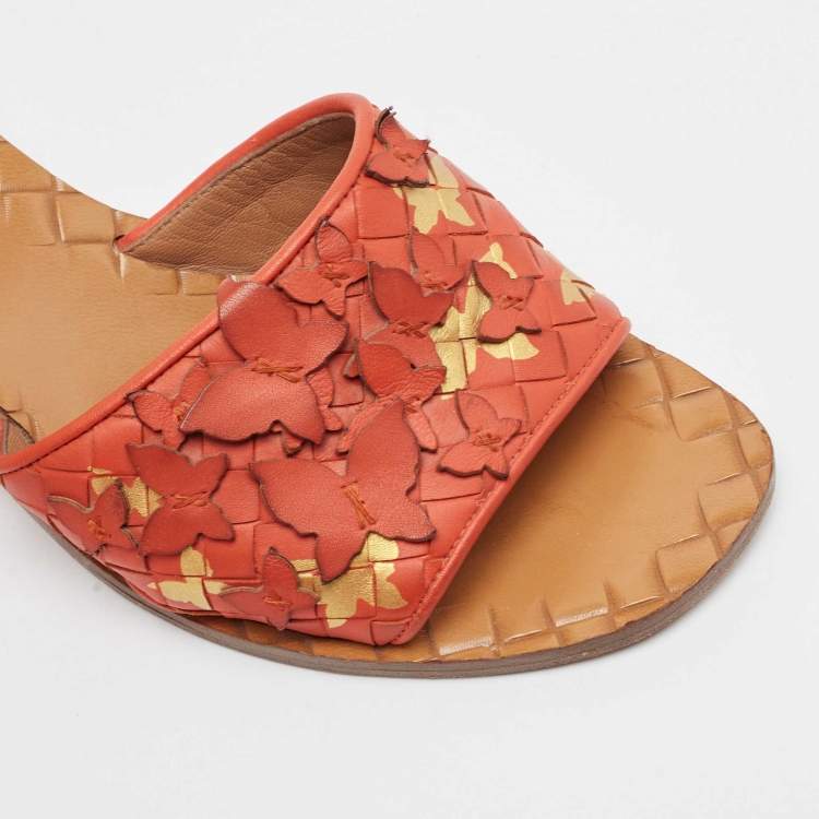 Pre Owned Bottega Veneta Orange Intrecciato Leather Butterfly Applique Ravello Sandals Size 38 