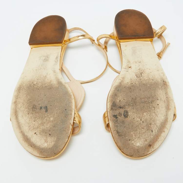 Pre Owned Bottega Veneta Gold Leather Ankle Strap Flat Sandals Size 38