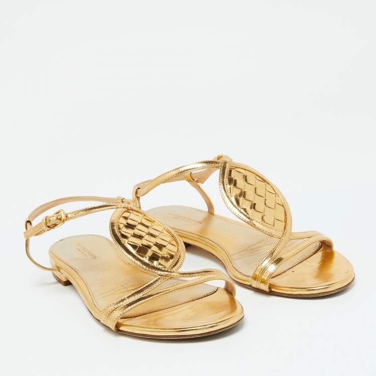 Pre Owned Bottega Veneta Gold Leather Ankle Strap Flat Sandals Size 38