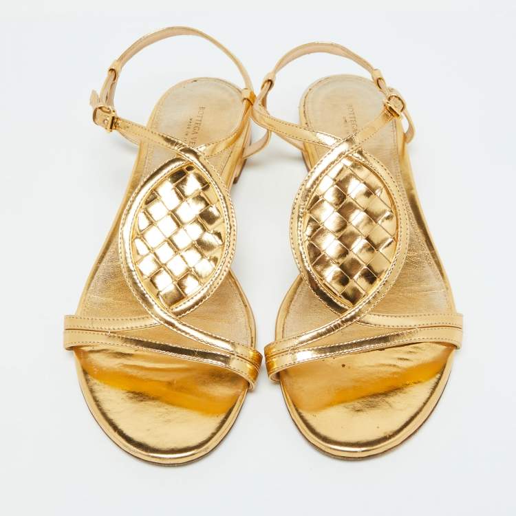 Pre Owned Bottega Veneta Gold Leather Ankle Strap Flat Sandals Size 38