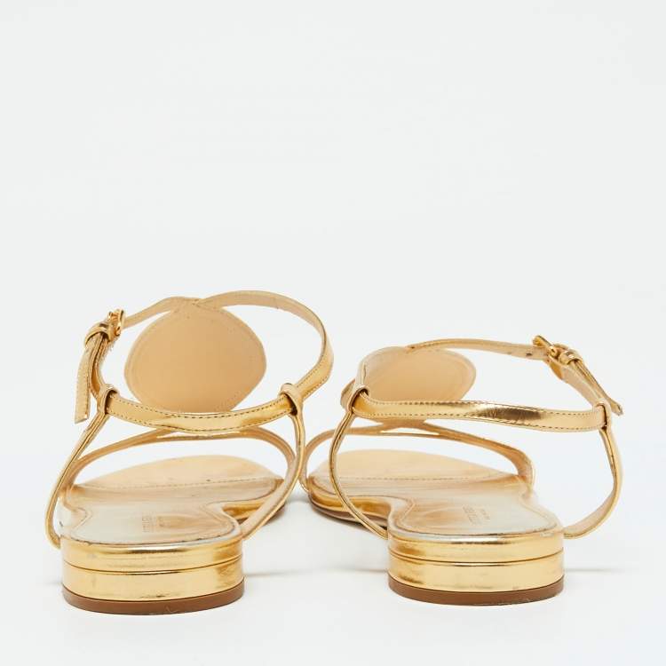 Pre Owned Bottega Veneta Gold Leather Ankle Strap Flat Sandals Size 38