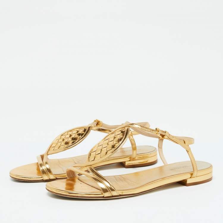 Pre Owned Bottega Veneta Gold Leather Ankle Strap Flat Sandals Size 38
