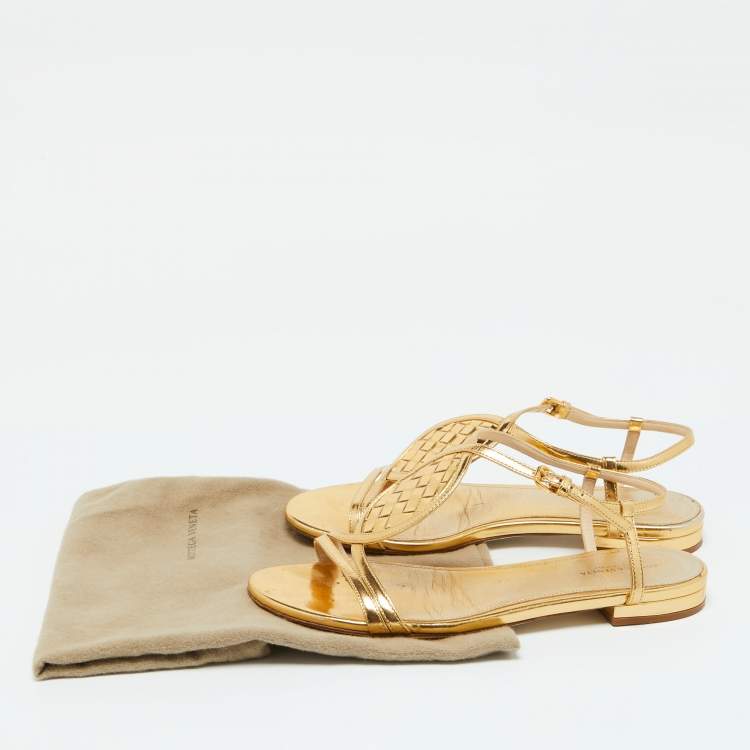 Pre Owned Bottega Veneta Gold Leather Ankle Strap Flat Sandals Size 38