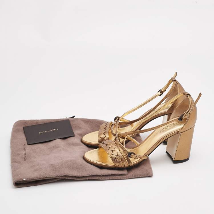 Pre Owned Bottega Veneta Metallic Gold Intrecciato Leather Block Heel Sandals Size 36