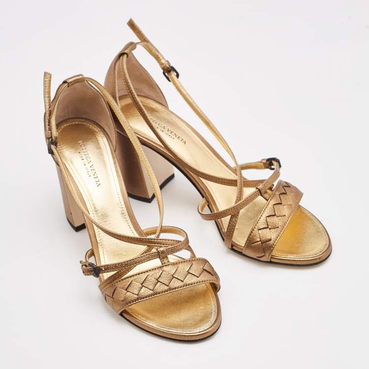 Pre Owned Bottega Veneta Metallic Gold Intrecciato Leather Block Heel Sandals Size 36