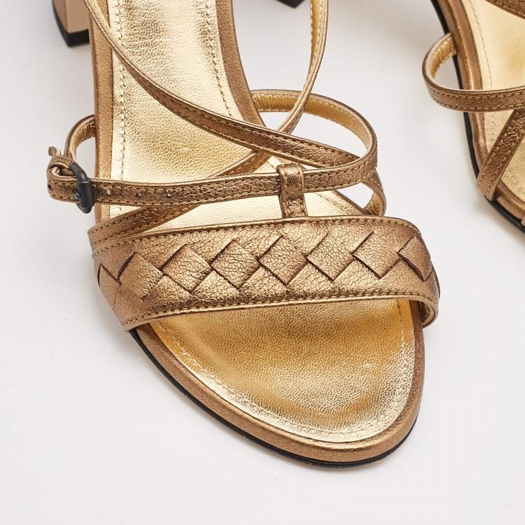 Pre Owned Bottega Veneta Metallic Gold Intrecciato Leather Block Heel Sandals Size 36