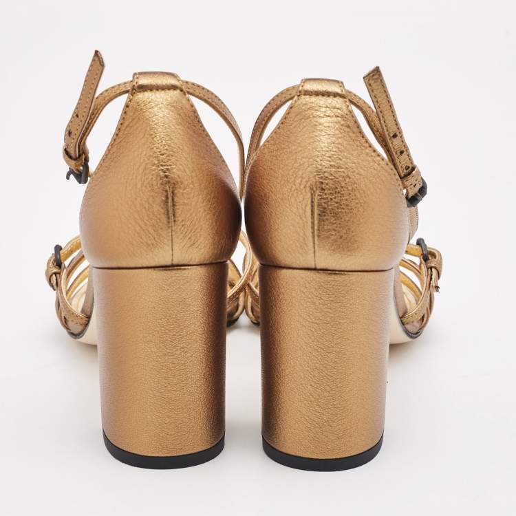 Pre Owned Bottega Veneta Metallic Gold Intrecciato Leather Block Heel Sandals Size 36