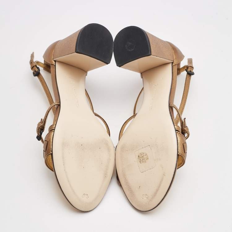 Pre Owned Bottega Veneta Metallic Gold Intrecciato Leather Block Heel Sandals Size 36