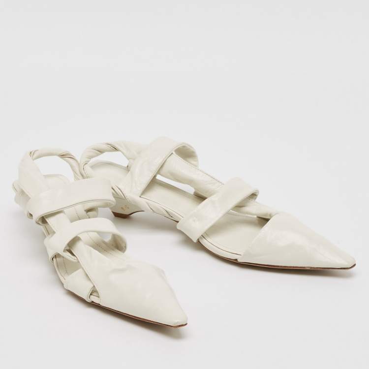 Pre Owned Bottega Veneta White Leather Point Toe Kitten Slingback Pumps Size 41