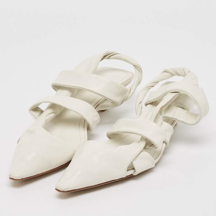 Pre Owned Bottega Veneta White Leather Point Toe Kitten Slingback Pumps Size 41