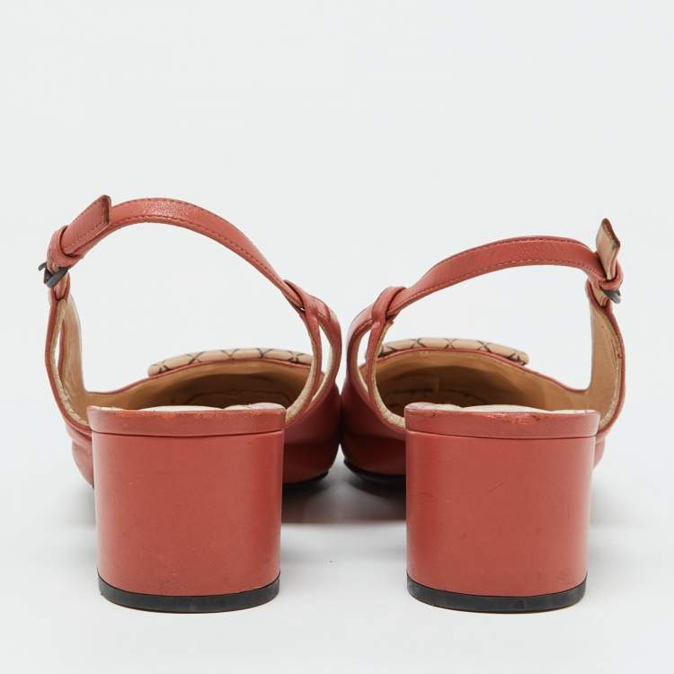 Pre Owned Bottega Veneta Coral Pink Leather Block Heel Slingback Pumps Size 39