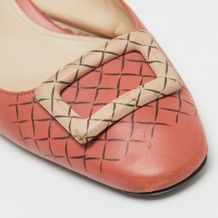 Pre Owned Bottega Veneta Coral Pink Leather Block Heel Slingback Pumps Size 39