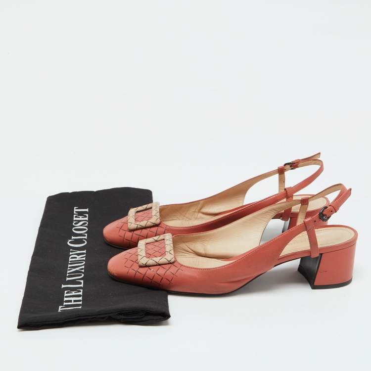 Pre Owned Bottega Veneta Coral Pink Leather Block Heel Slingback Pumps Size 39