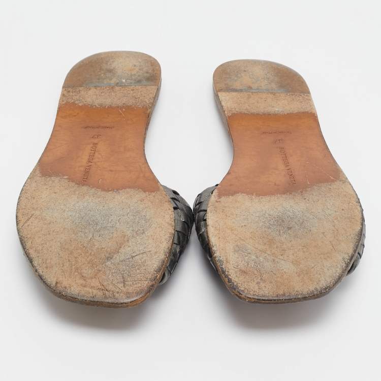 Pre Owned Bottega Veneta Metallic Grey Intrecciato Leather Slide Flat Sandals Size 37