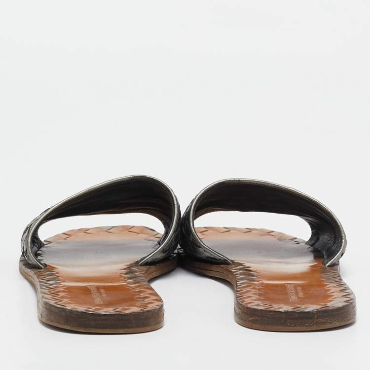 Pre Owned Bottega Veneta Metallic Grey Intrecciato Leather Slide Flat Sandals Size 37