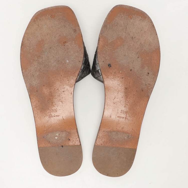 مملوكة مسبقًا Bottega Veneta Metallic Dark Grey Intrecciato Leather Flat Slides Size 39.5