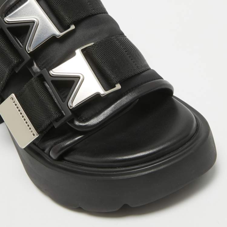 Pre Owned Bottega Veneta Black Leather and Nylon Flash Bomber Slide Sandals Size 38