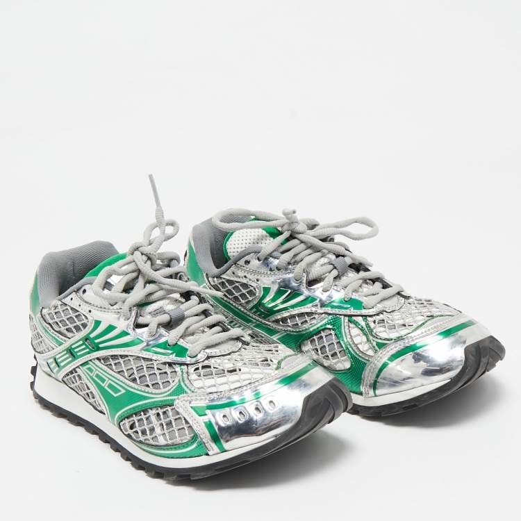 Pre Owned Bottega Veneta Green/Grey Mesh and Leather Orbit Sneakers Size 38