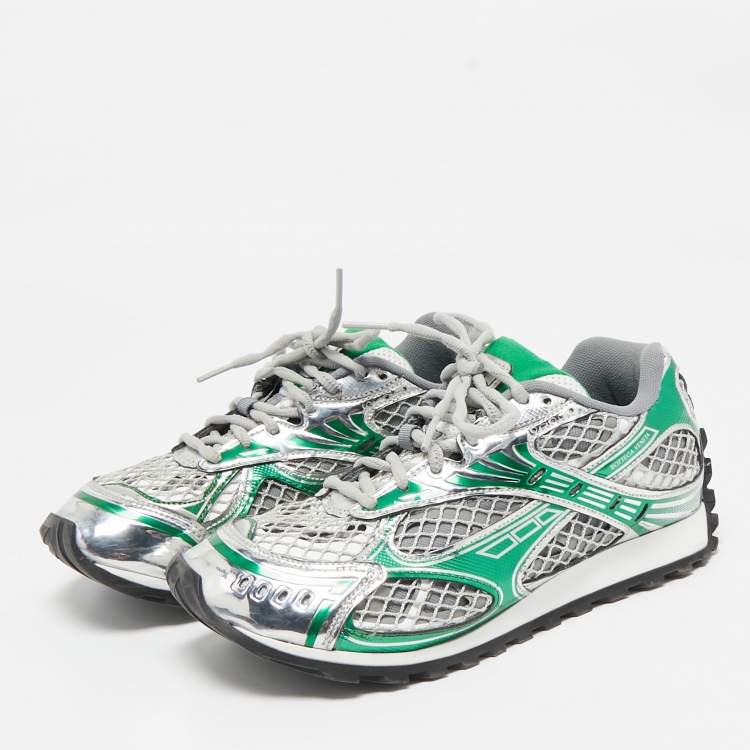 Pre Owned Bottega Veneta Green/Grey Mesh and Leather Orbit Sneakers Size 38