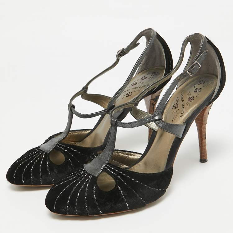 Pre Owned Bottega Veneta Black Leather and Velvet Mary Jane Pumps Size 39