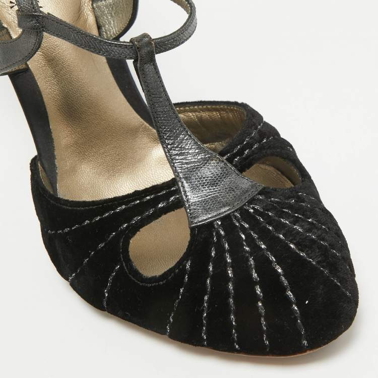Pre Owned Bottega Veneta Black Leather and Velvet Mary Jane Pumps Size 39