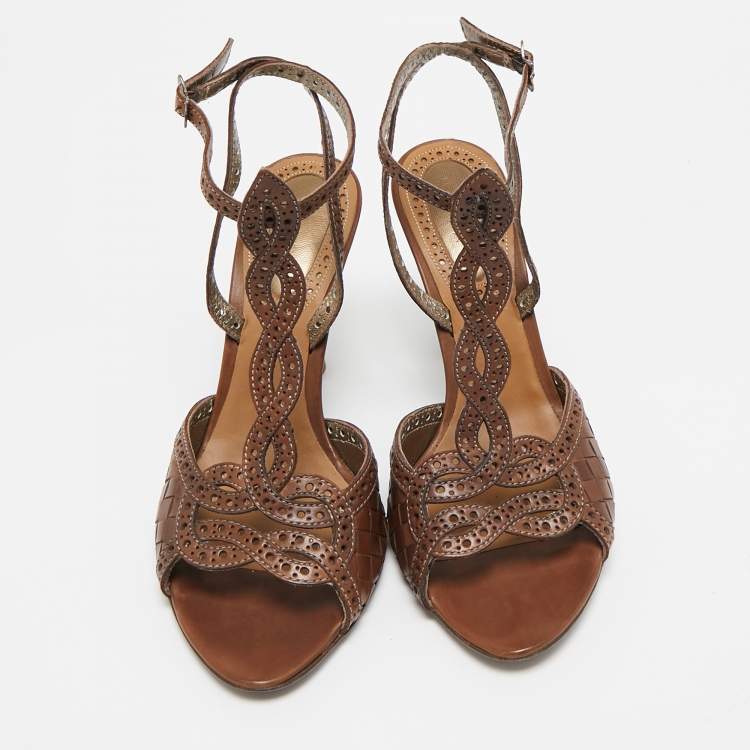 Pre Owned Bottega Veneta Brown Leather Ankle Strap Sandals Size 39