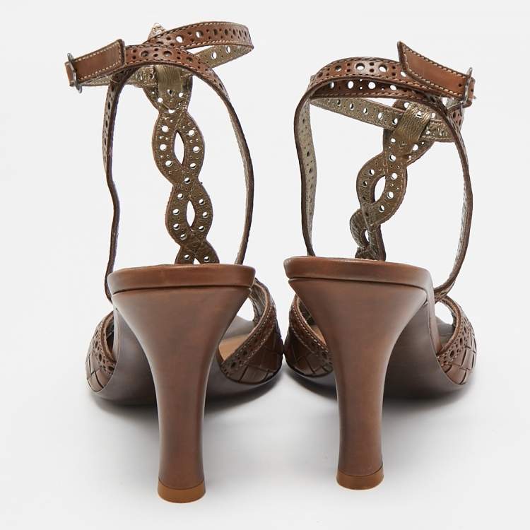 Pre Owned Bottega Veneta Brown Leather Ankle Strap Sandals Size 39