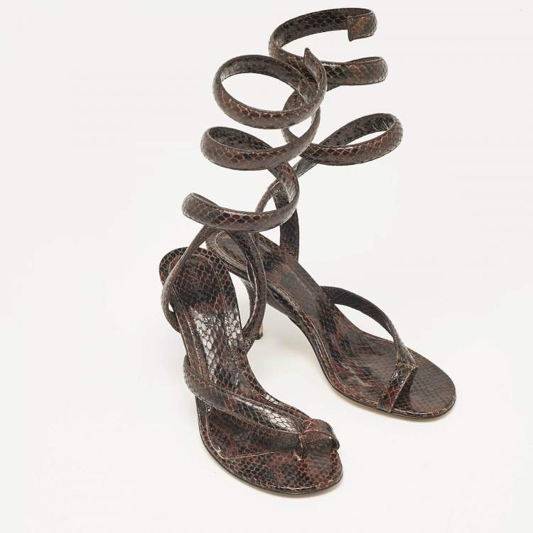 Pre Owned Bottega Veneta Brown Python Embossed Leather Ankle Strap Sandals Size 37