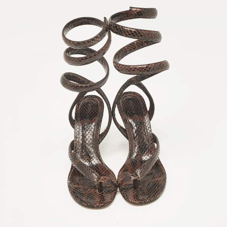 Pre Owned Bottega Veneta Brown Python Embossed Leather Ankle Strap Sandals Size 37