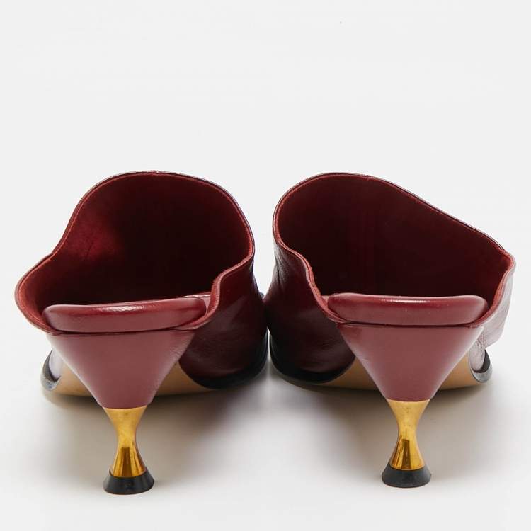 Pre Owned Bottega Veneta Burgundy Leather Stretch Square Toe Kitten Heel Mules Size 39