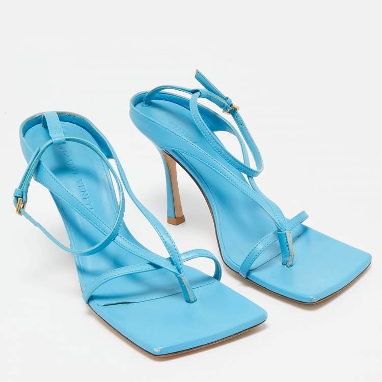 Pre Owned Bottega Veneta Blue Leather Stretch Ankle Strap Sandals Size 36.5