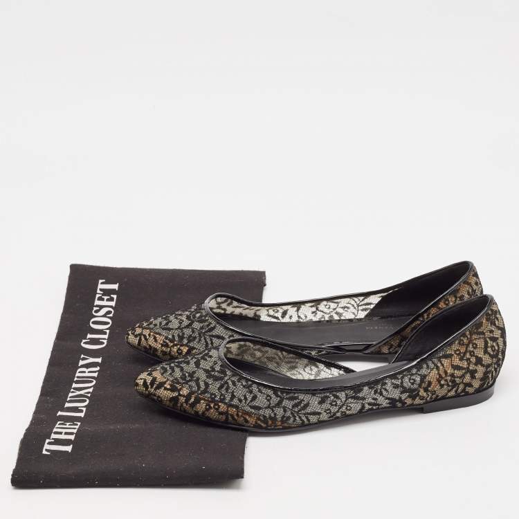 Pre Owned Bottega Veneta Black Lace and Patent Leather Ballet Flats Size 36.5