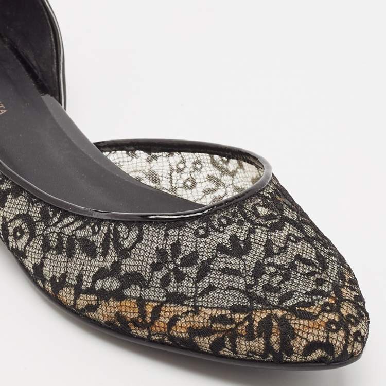 Pre Owned Bottega Veneta Black Lace and Patent Leather Ballet Flats Size 36.5