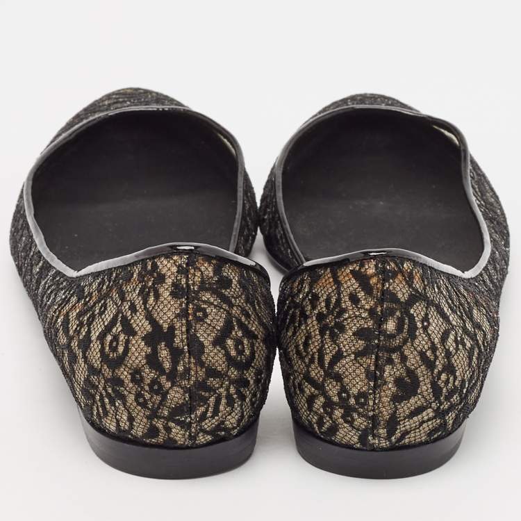Pre Owned Bottega Veneta Black Lace and Patent Leather Ballet Flats Size 36.5