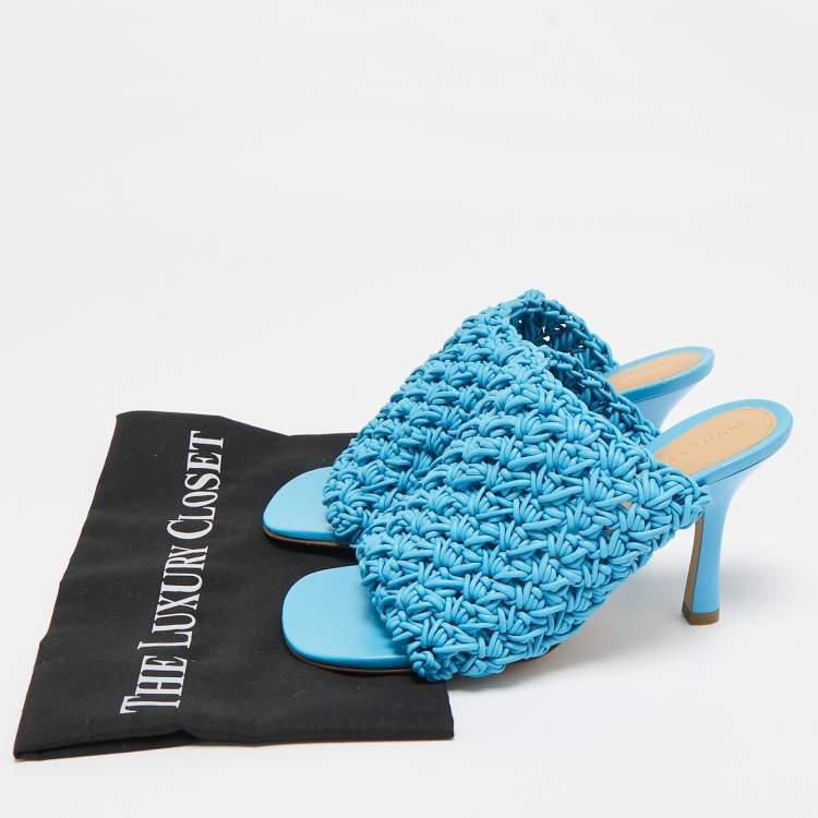Pre Owned Bottega Veneta Blue Woven Leather Board Slide Sandals Size 37