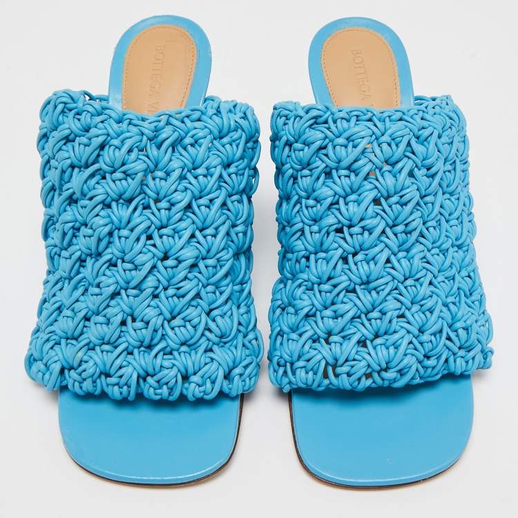 Pre Owned Bottega Veneta Blue Woven Leather Board Slide Sandals Size 37