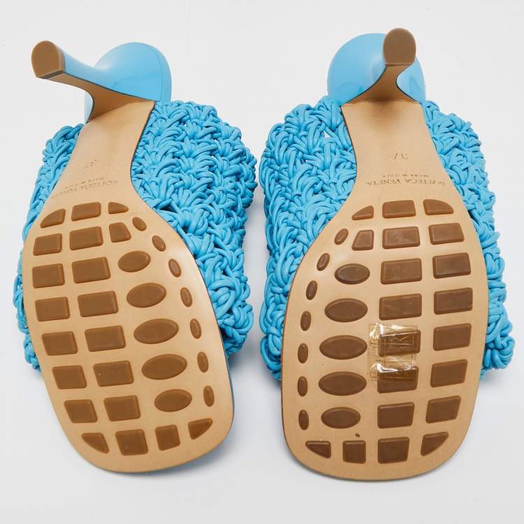 Pre Owned Bottega Veneta Blue Woven Leather Board Slide Sandals Size 37