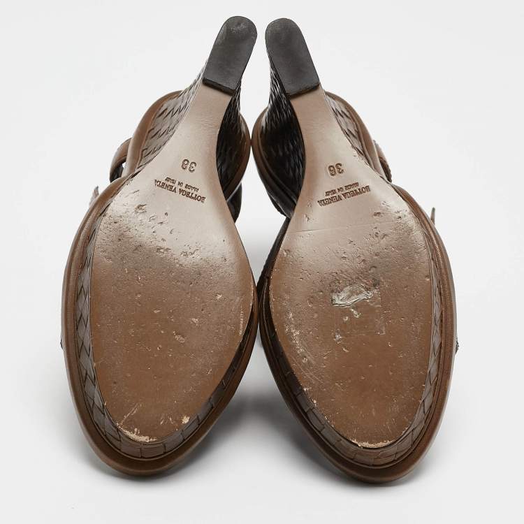 Pre Owned Bottega Veneta Brown Intrecciato Leather Wedge Sandals Size 38
