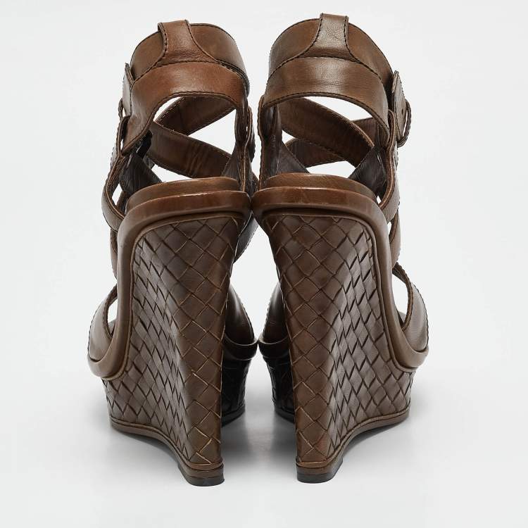 Pre Owned Bottega Veneta Brown Intrecciato Leather Wedge Sandals Size 38
