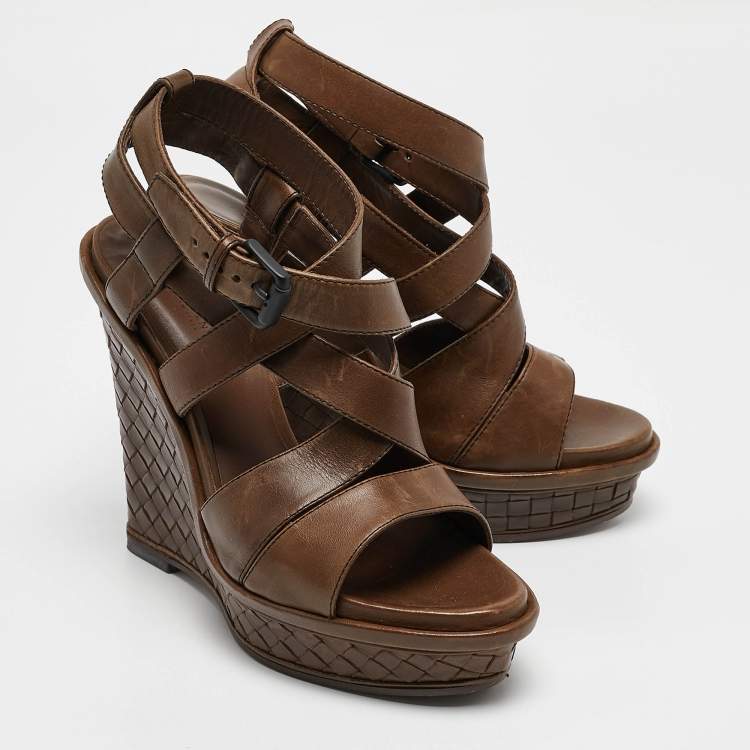 Pre Owned Bottega Veneta Brown Intrecciato Leather Wedge Sandals Size 38