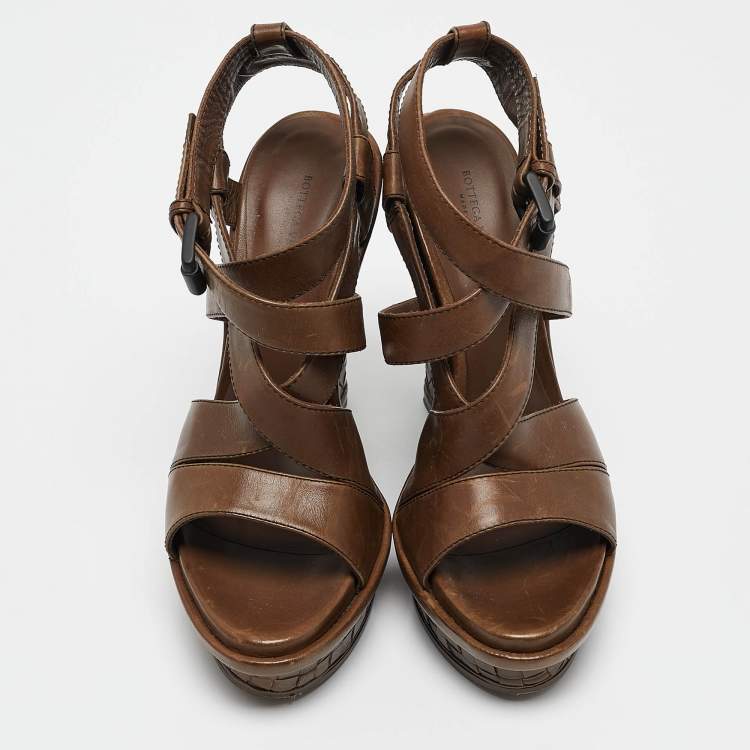 Pre Owned Bottega Veneta Brown Intrecciato Leather Wedge Sandals Size 38