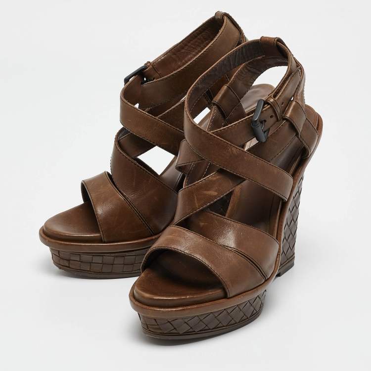 Pre Owned Bottega Veneta Brown Intrecciato Leather Wedge Sandals Size 38