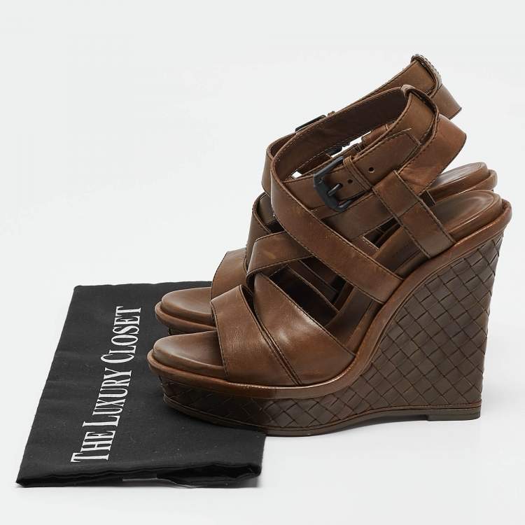 Pre Owned Bottega Veneta Brown Intrecciato Leather Wedge Sandals Size 38