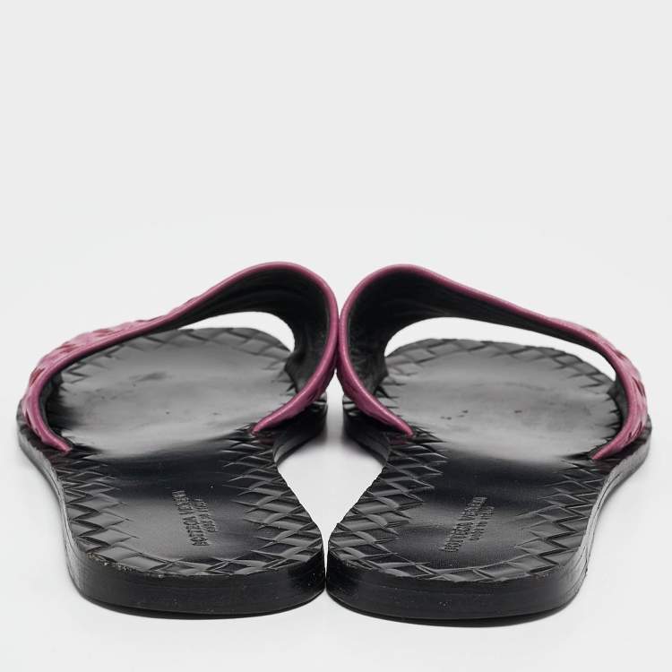 Pre Owned Bottega Veneta Purple Intrecciato Leather Slide Sandals Size 37.5
