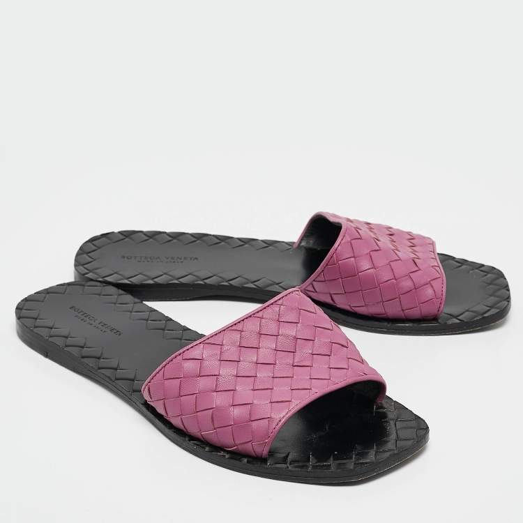 Pre Owned Bottega Veneta Purple Intrecciato Leather Slide Sandals Size 37.5